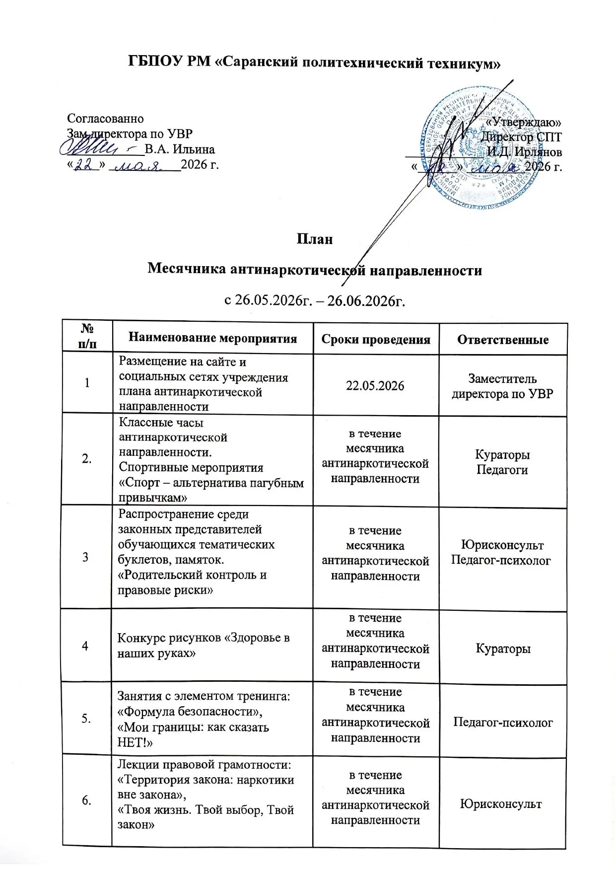 План месячника антинаркотической направленности