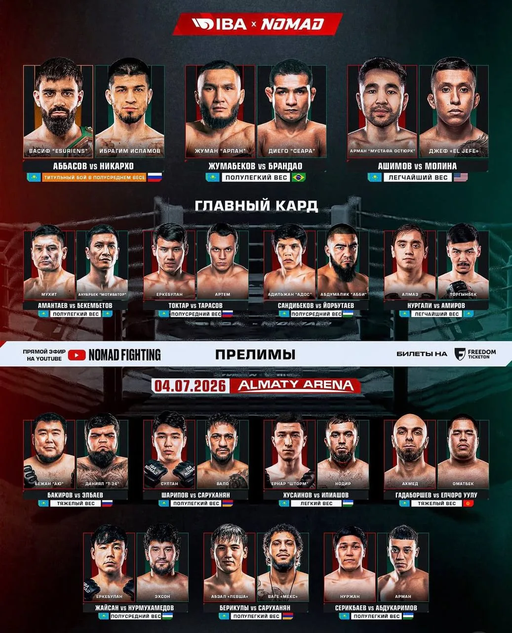 ✅Полный  кард турнира IBA NOMAD 15, который состоится уже 4 июля на Almaty Arena
🔥✊👊