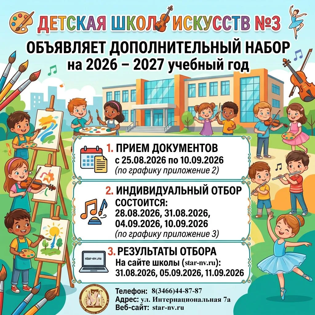 🎨Детская школа искусств №3 объявляет дополнительный набор на 2026 – 2027 учебный год!