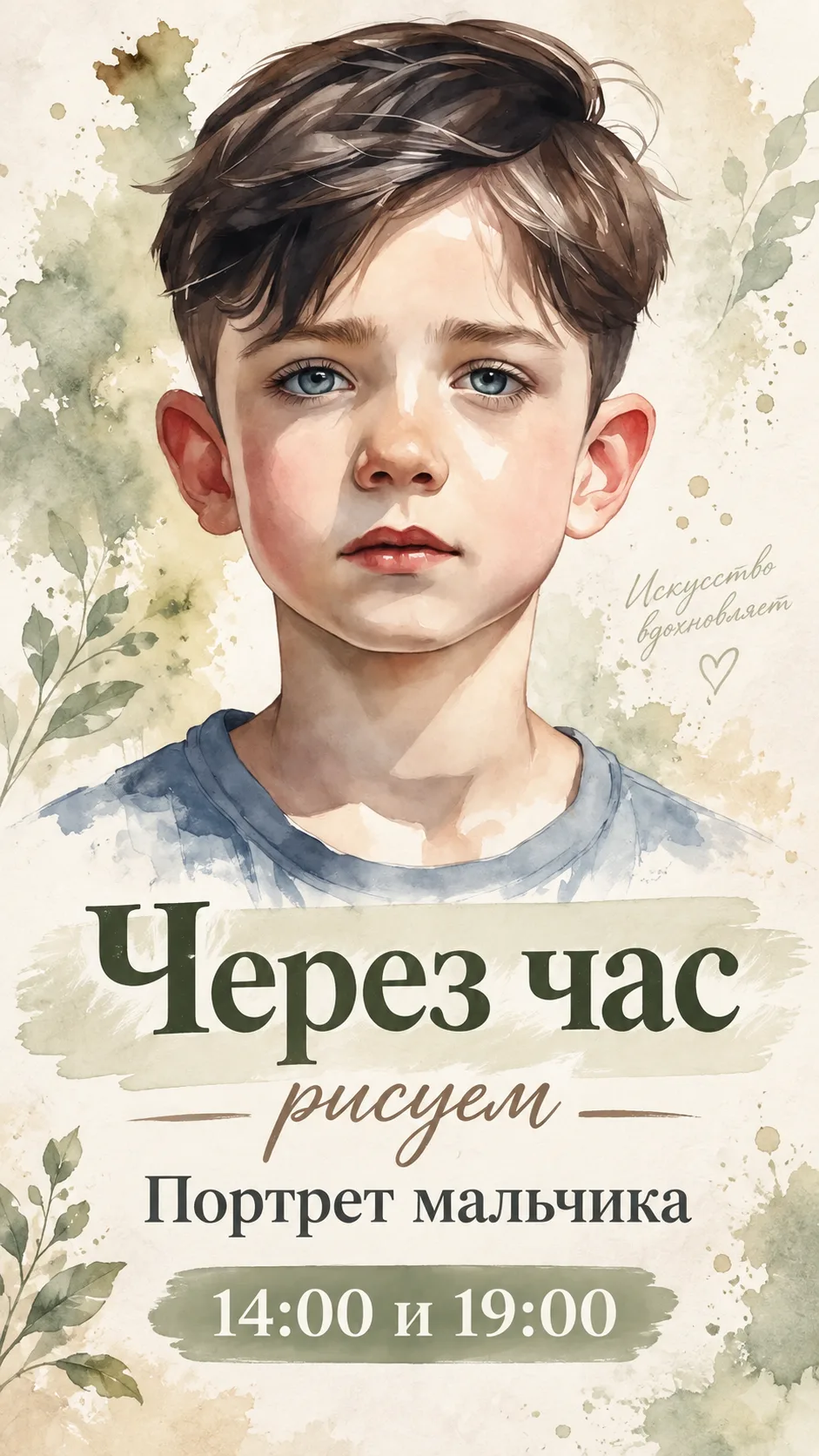 Через час, в 14:00 МСК, рисуем портрет мальчика.