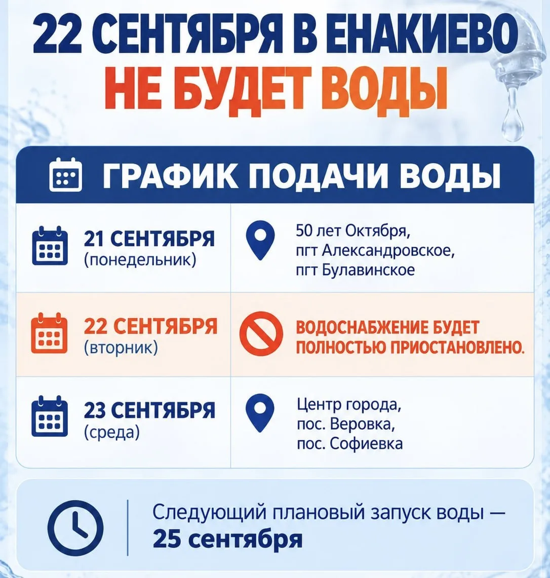 💦 Воду полностью отключат в Енакиево 22 сентября