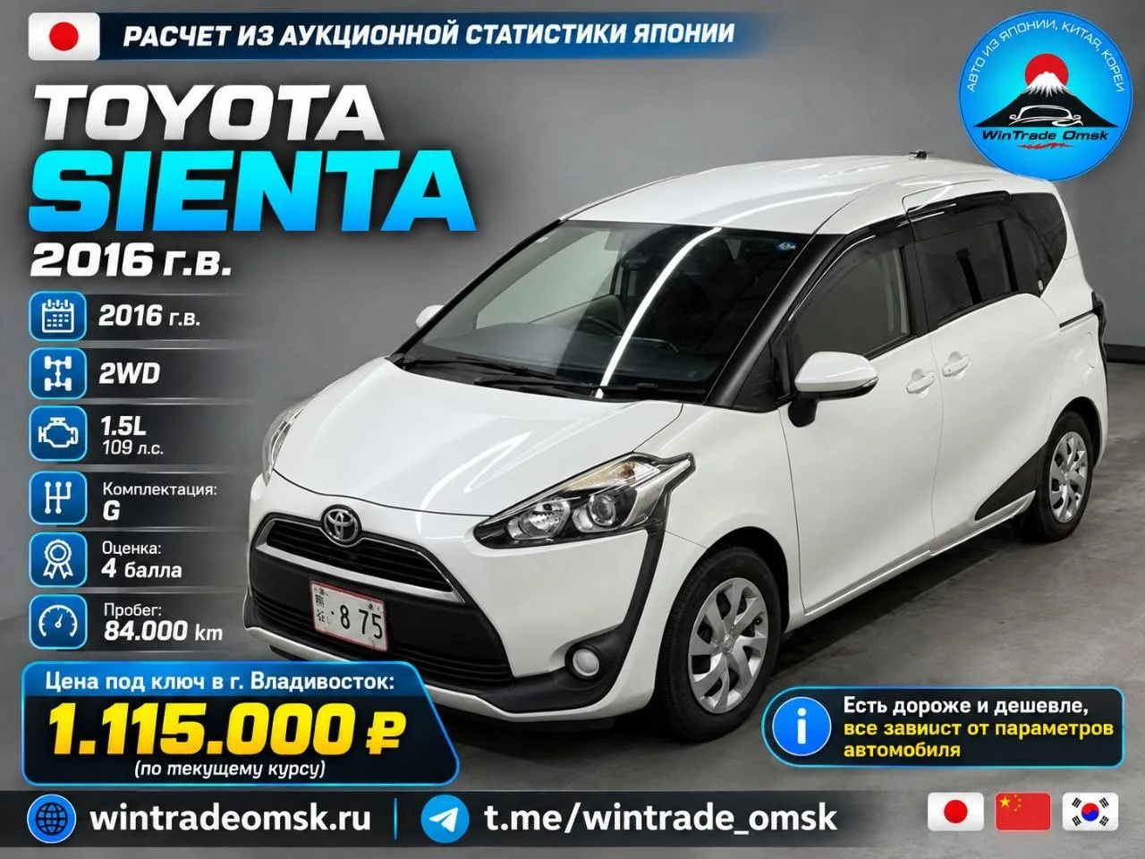 Расчет из аукционной статистики Японии Toyota Sienta 🇯🇵