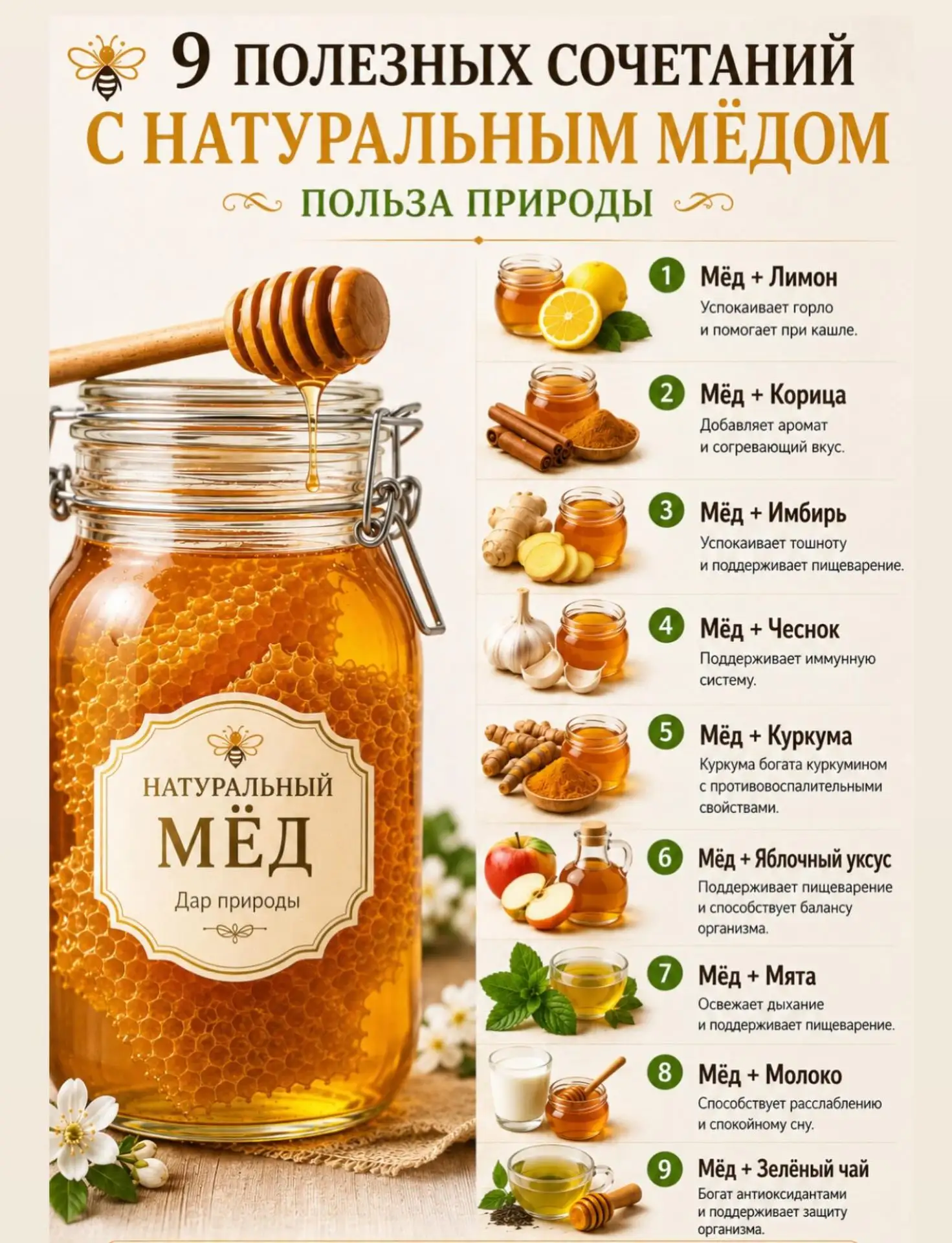 🍯 9 полезных сочетаний с натуральным мёдом 🍋🌿

Мёд — это не только вкусное лакомство, но и отличн