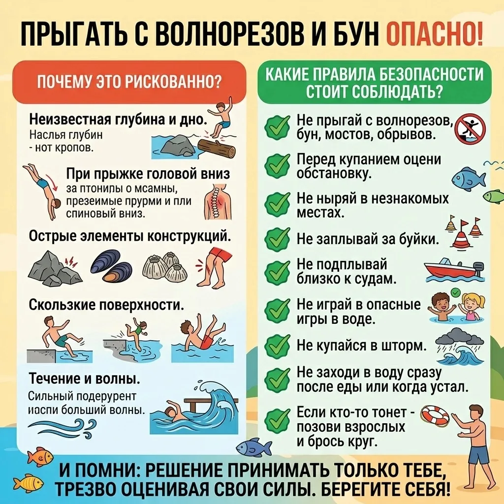 🚫Прыгать с волнорезов и бун опасно: из‑за неизвестной глубины и предметов на дне можно получить сер