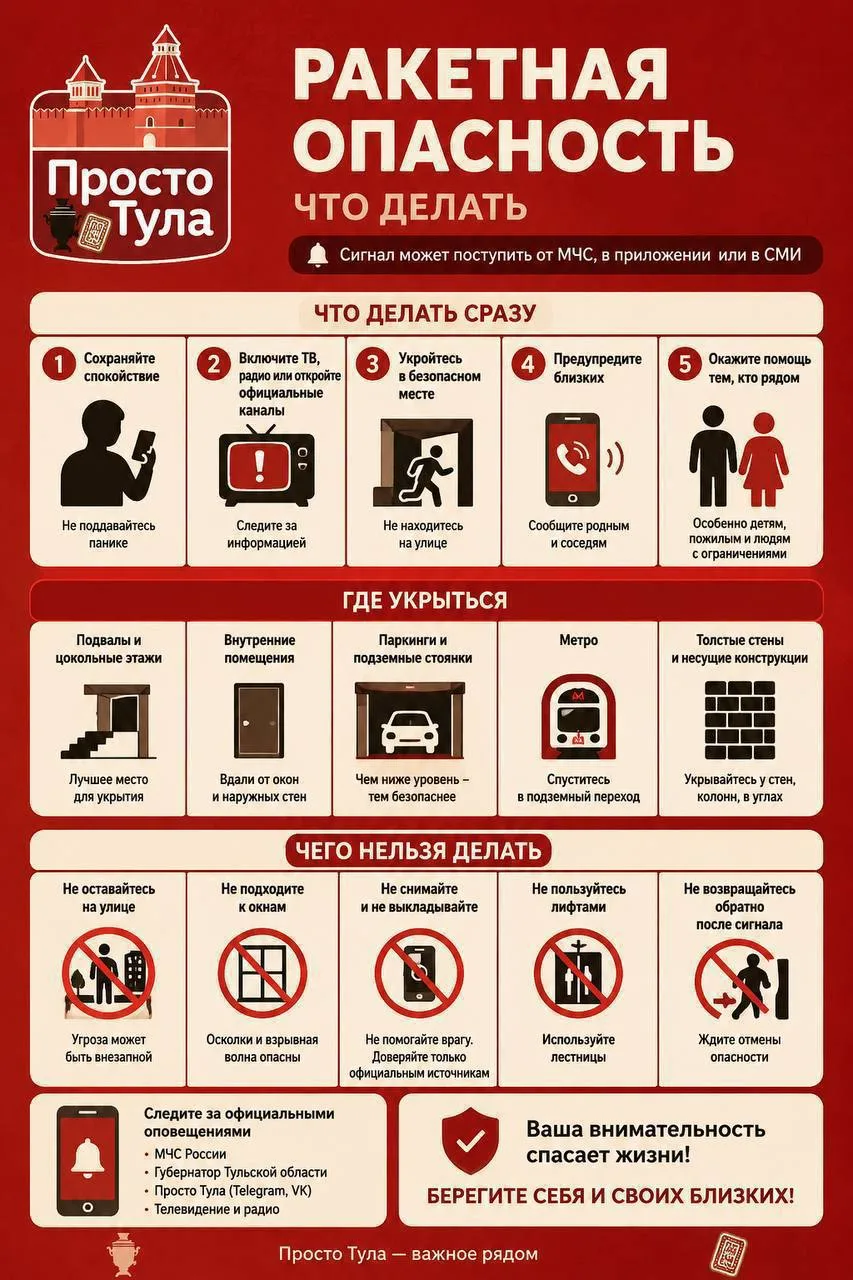 ❗️Ракетная опасность объявлена в Тульской области.