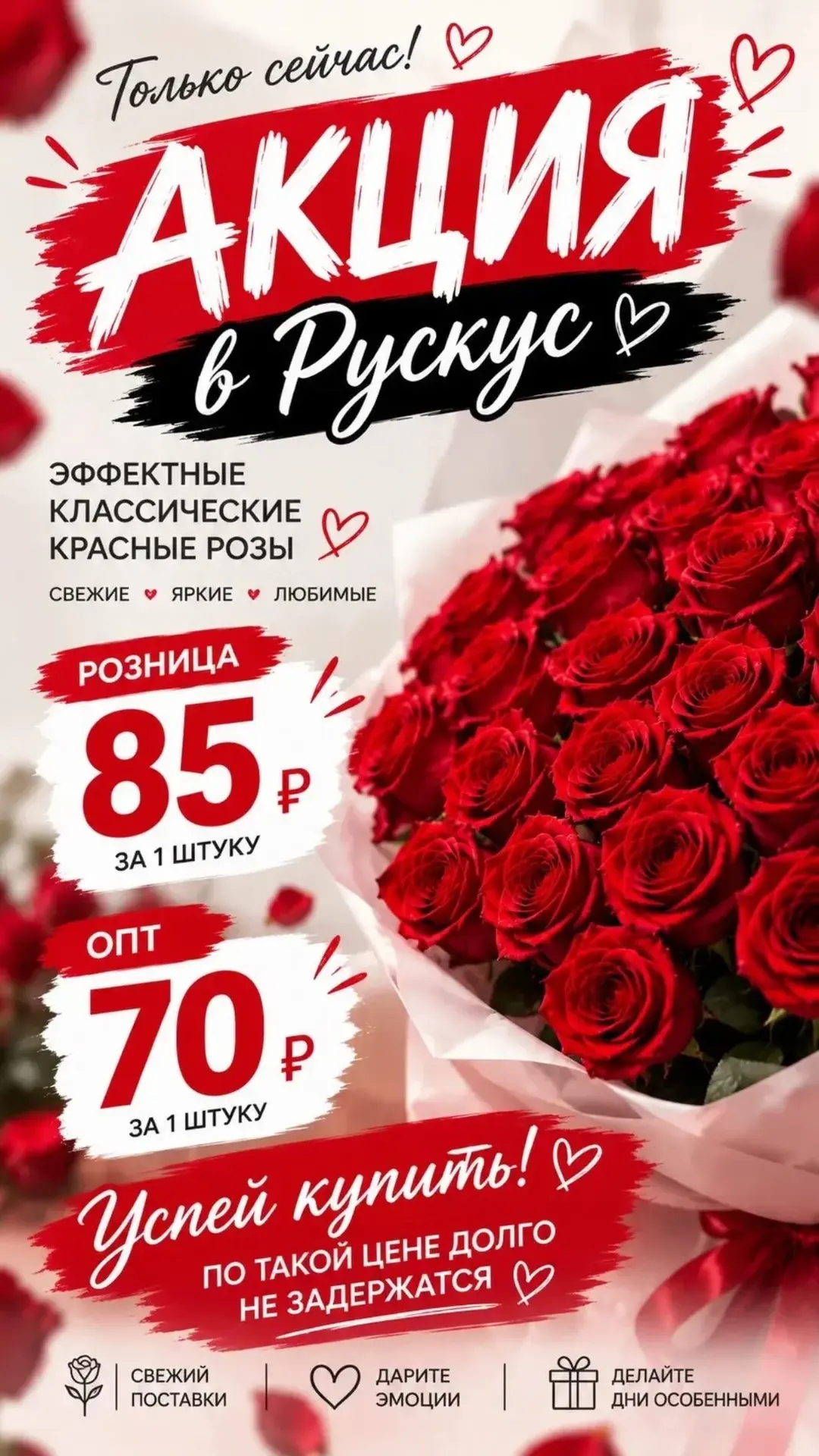 ❤️ АКЦИЯ НА КРАСНЫЕ РОЗЫ В «РУСКУС»!❤️

Классика, которая никогда не выходит из моды. Свежие красные