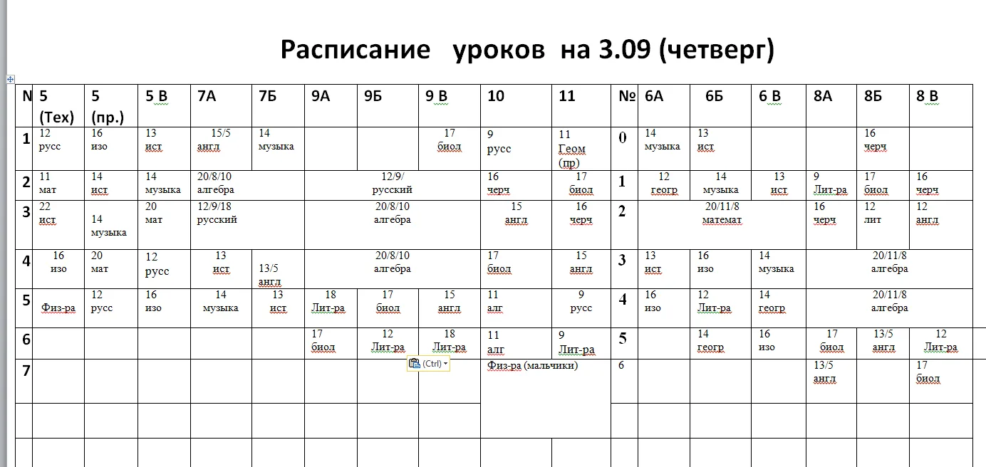 Расписание на 3.09 (четверг)