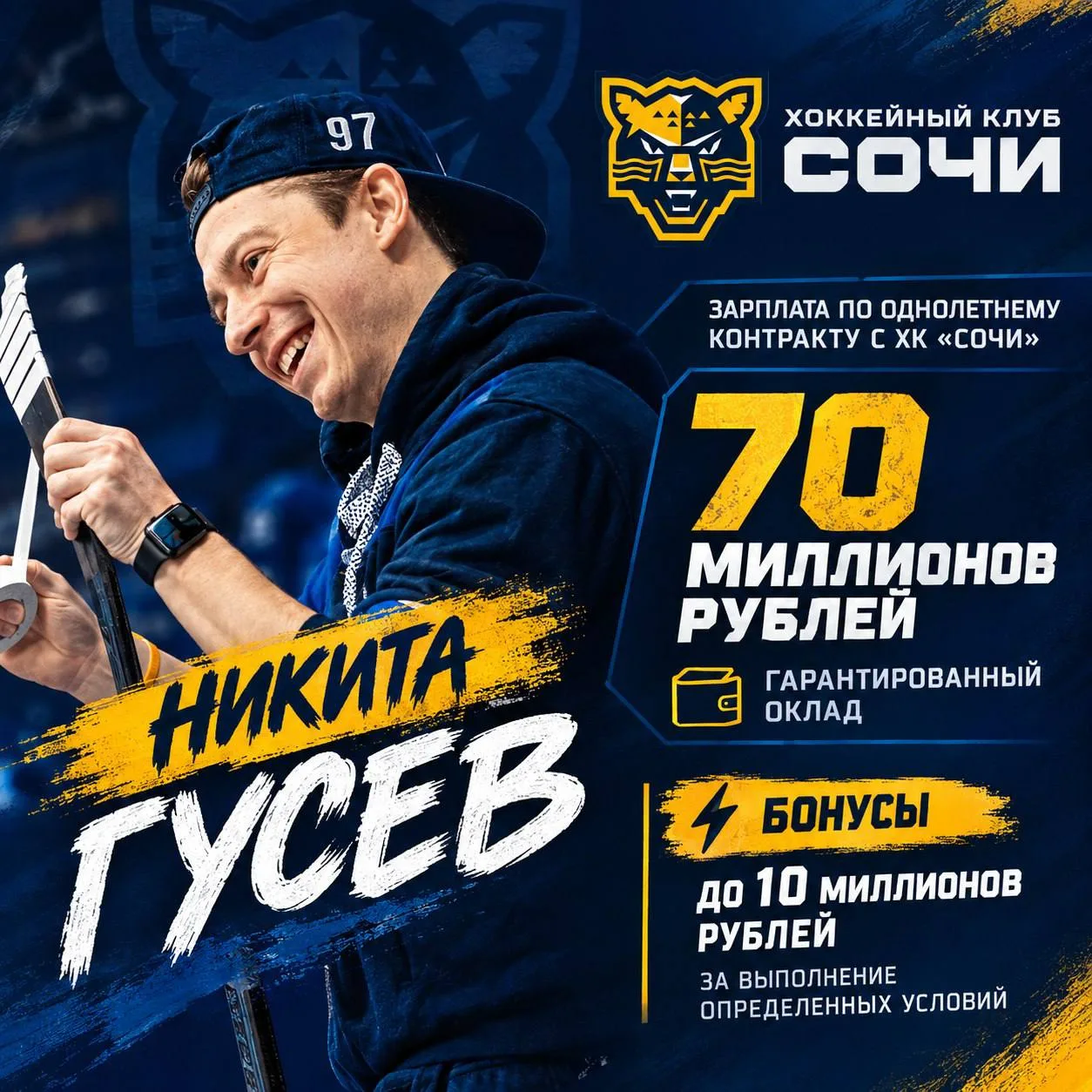 Зарплата нападающего Никиты Гусева по однолетнему контракту с ХК «Сочи» составит 70 мил...
