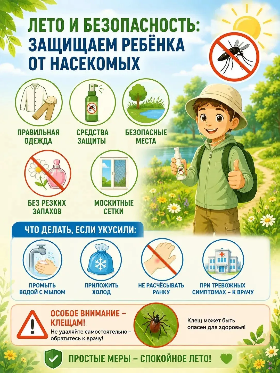 🦟 Лето и безопасность: защищаем ребёнка от насекомых
 
Каникулы – это прогулки, экскурсии, походы и