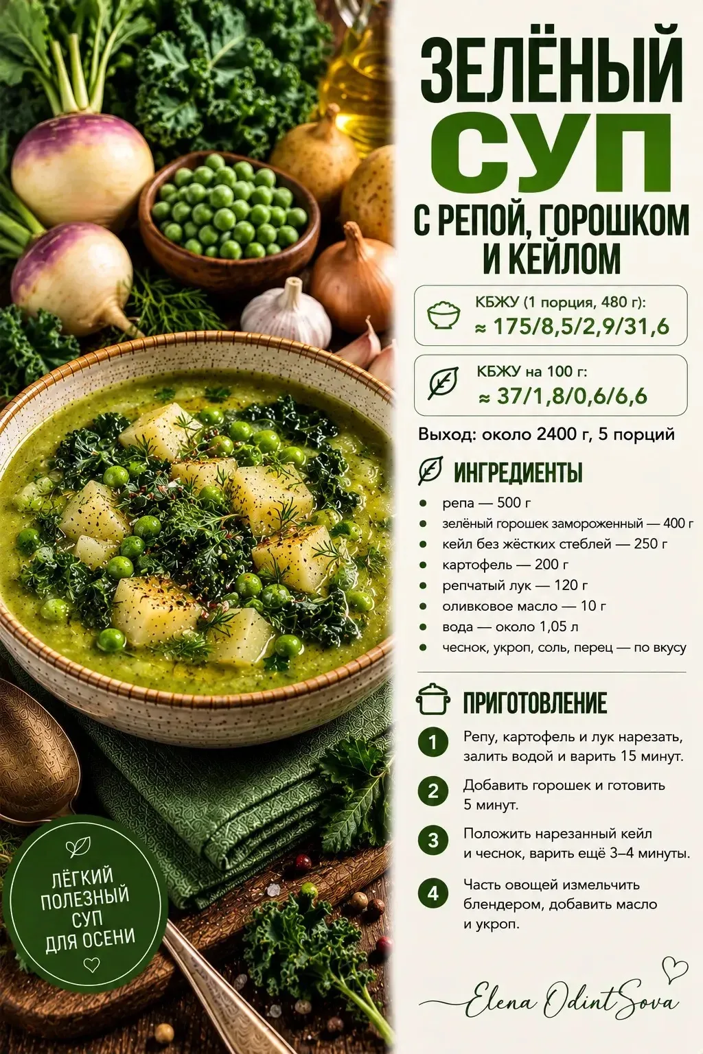 🥣 Зелёный суп с репой, горошком и кейлом