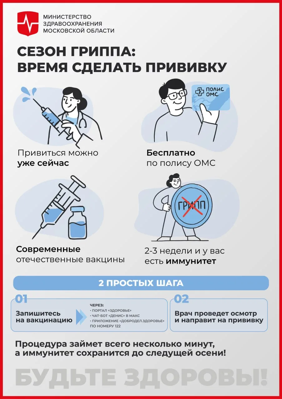 ⚡️ В Подмосковье стартовала вакцинация от гриппа.