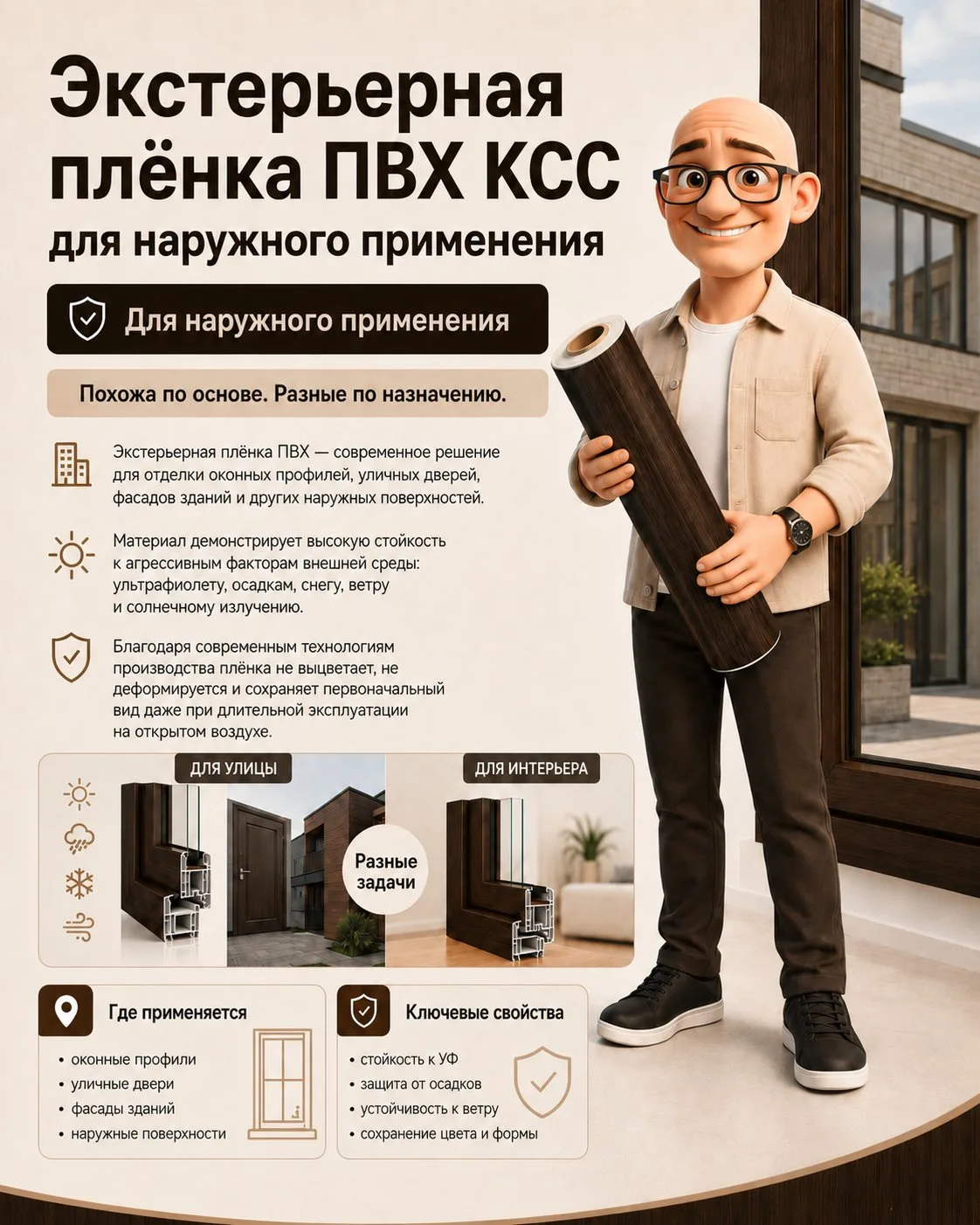 ❌Не вся пленка ПВХ универсальна

Экстерьерная и интерьерная плёнка ПВХ могут быть похожи внешне: дре