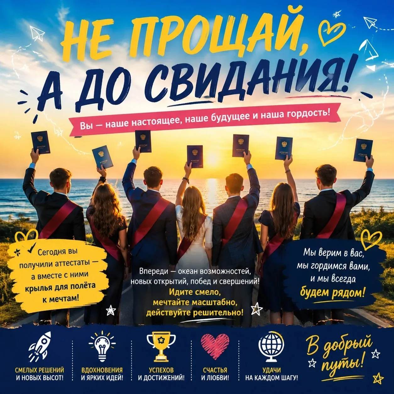 Внимание! Важное объявление: наша школа НЕ прощается со своими выпускниками! 
(Спойлер - Это лишь па