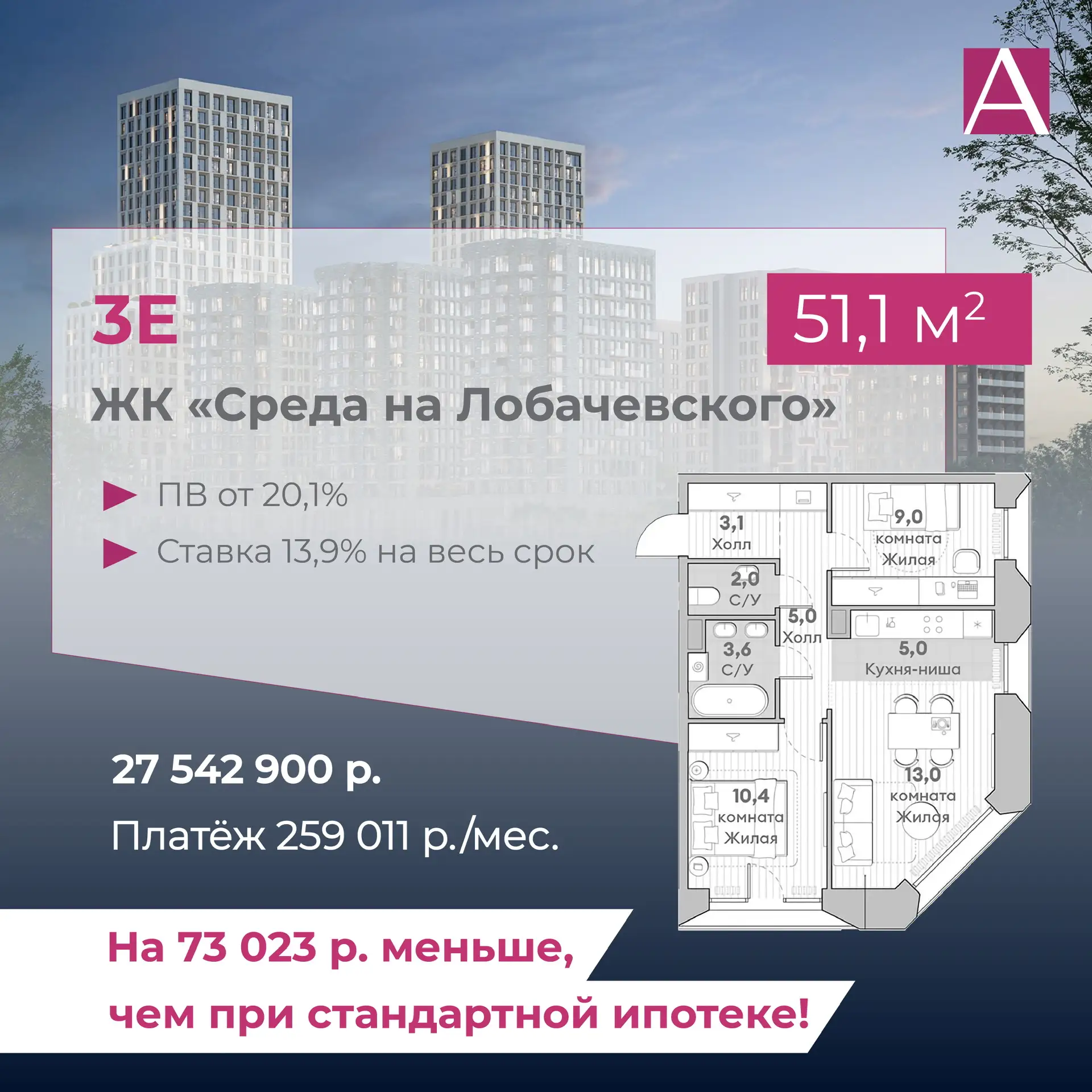 2️⃣ 3Е, 51,1 кв.м ЖК «Среда на Лобачевского»  Стоимость: 27 542 900 р. (как при 100% оплате)  ПВ от 