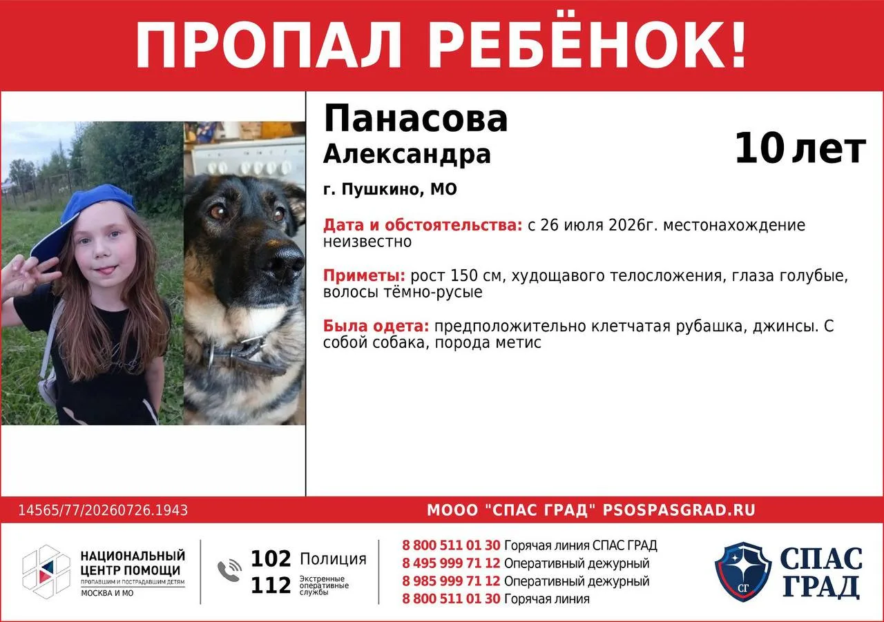 🚨ВНИМАНИЕ! 
В Пушкино пропала 10-летняя Александра Панасова. Для поисков требуется помощь местных ж