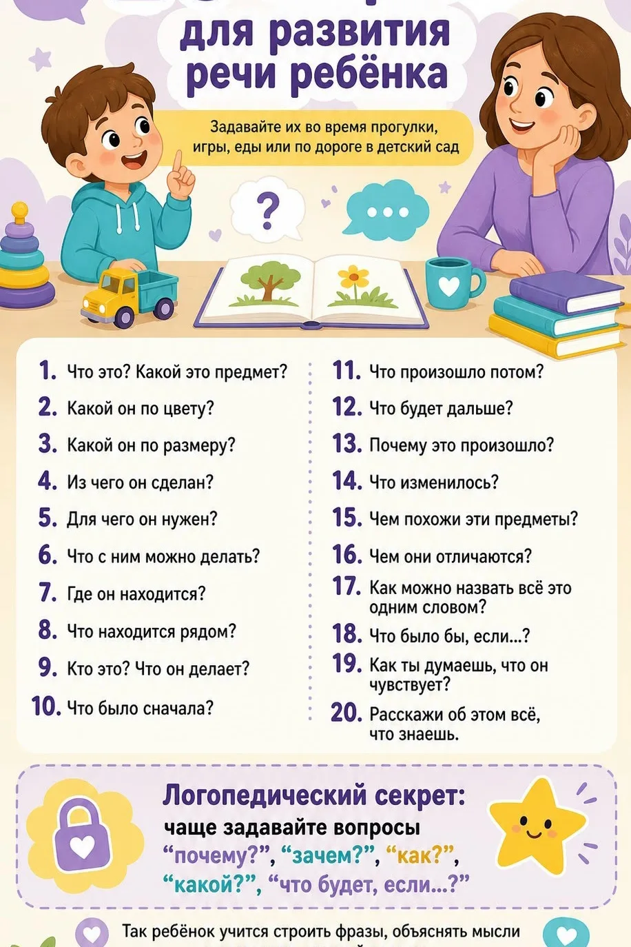 ✨20 вопросов для развития речи ребёнка