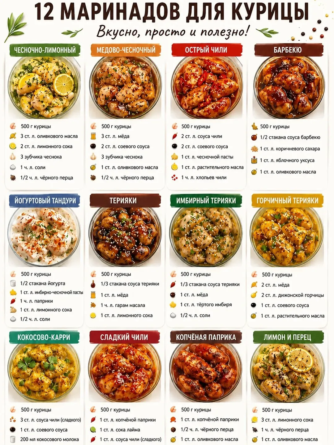 12 маринадов для курицы — чтобы одна и та же курица каждый раз была разной 😍🍗

✍️ Подписывайся и с