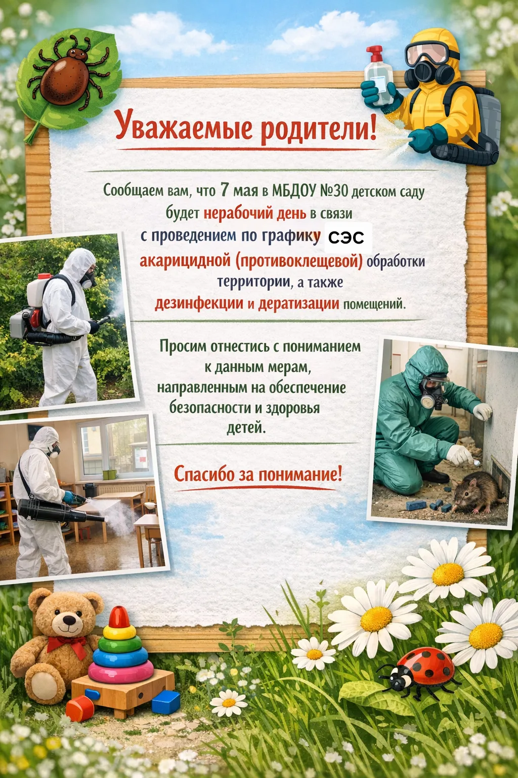 Уважаемые родители!

Сообщаем вам, что 7 мая в МБДОУ №30 детском саду будет нерабочий день в связи с