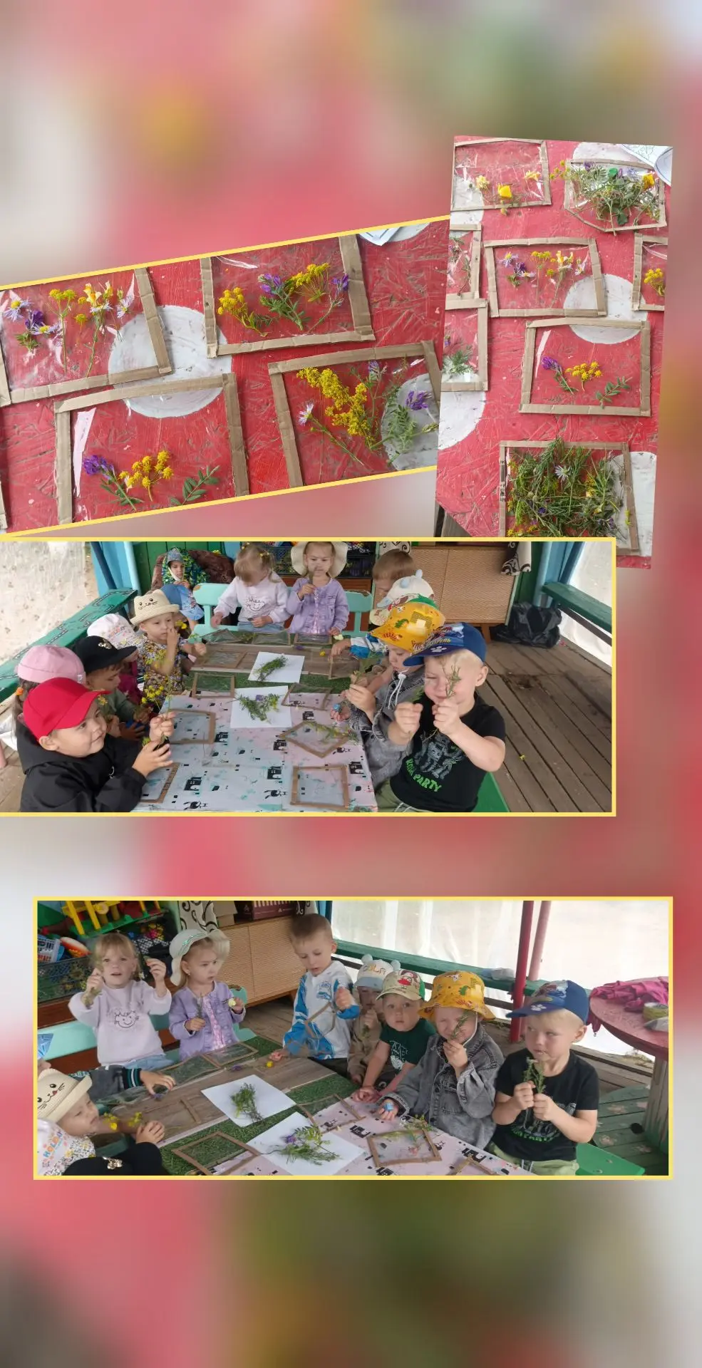 Младшая группа выполнили аппликацию из живых цветов🌸🌼 и листьев 🌱  на тему: «Лето в рамке». ☀🏞