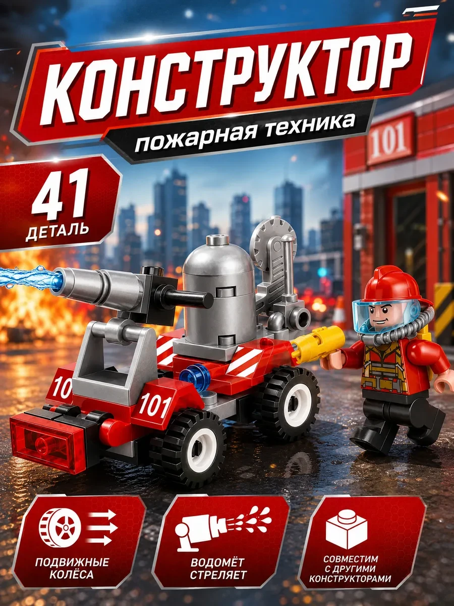 ⚡️ Пожарная машина маленькая конструктор с фигурками мини, Город мастеров