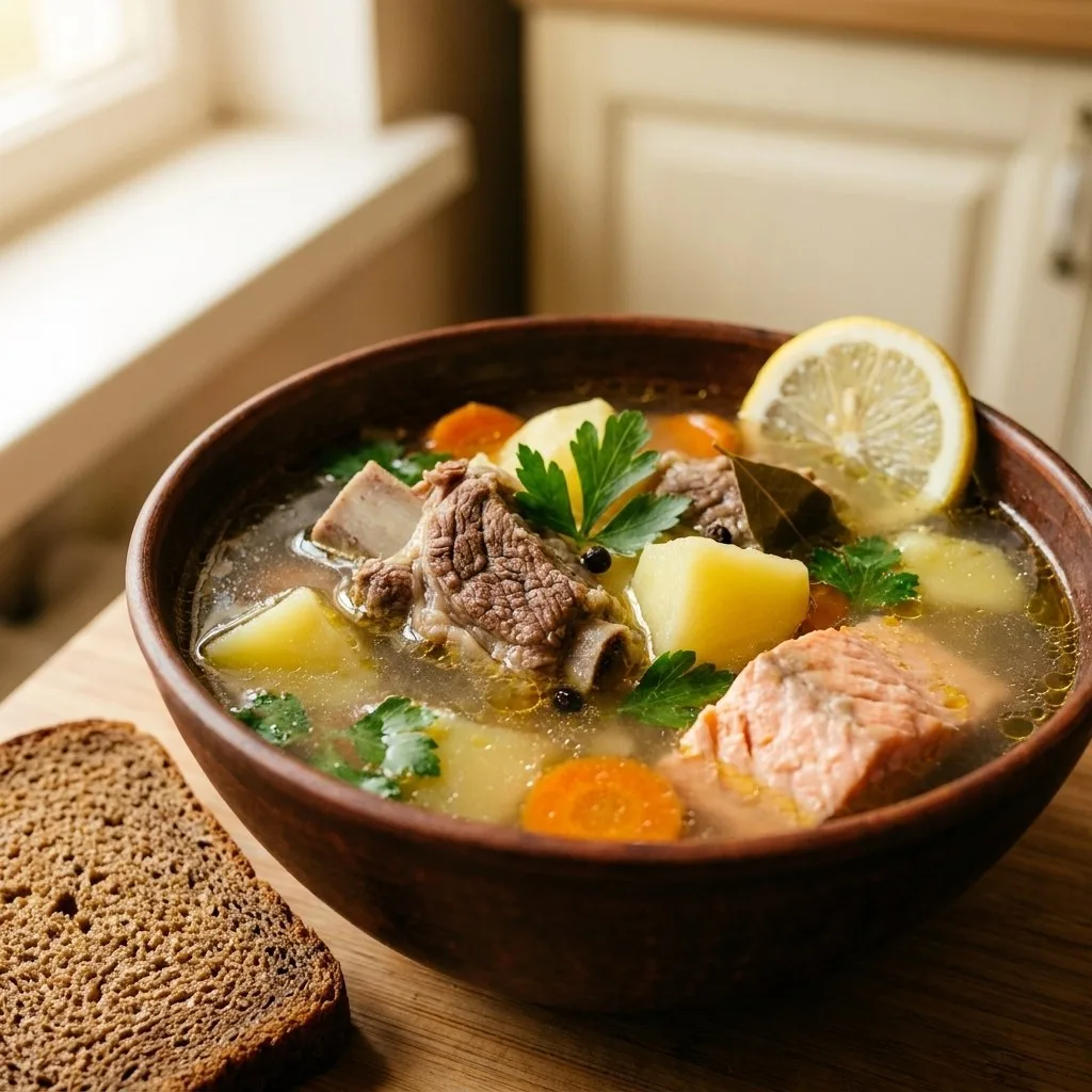 УХА С МЯСОМ — ДВА БУЛЬОНА В ОДНОЙ КАСТРЮЛЕ

У нас в семье споры: муж говорит — уха должна быть тольк