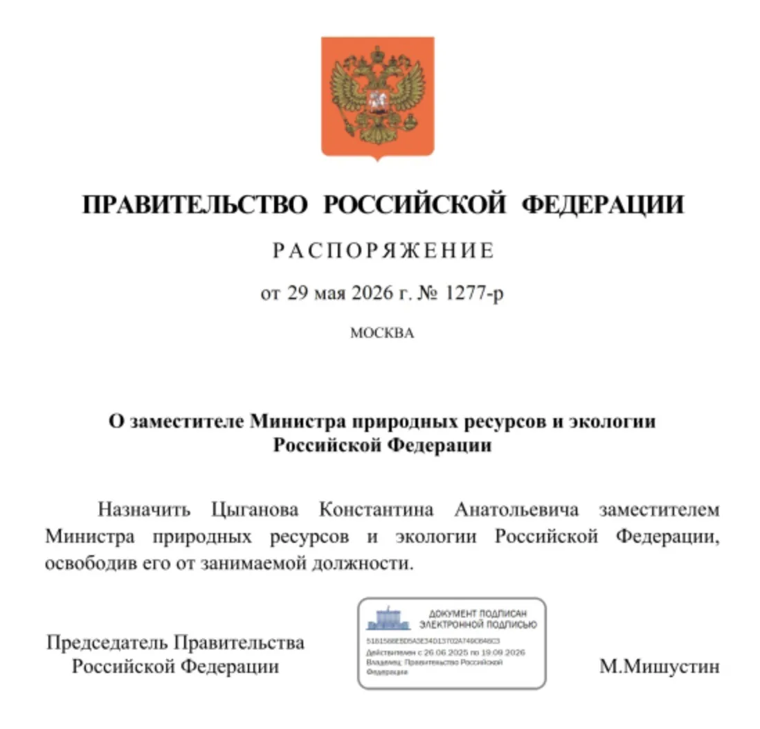 💼 Константин Цыганов освободился от должности первого заместителя министра природных р...