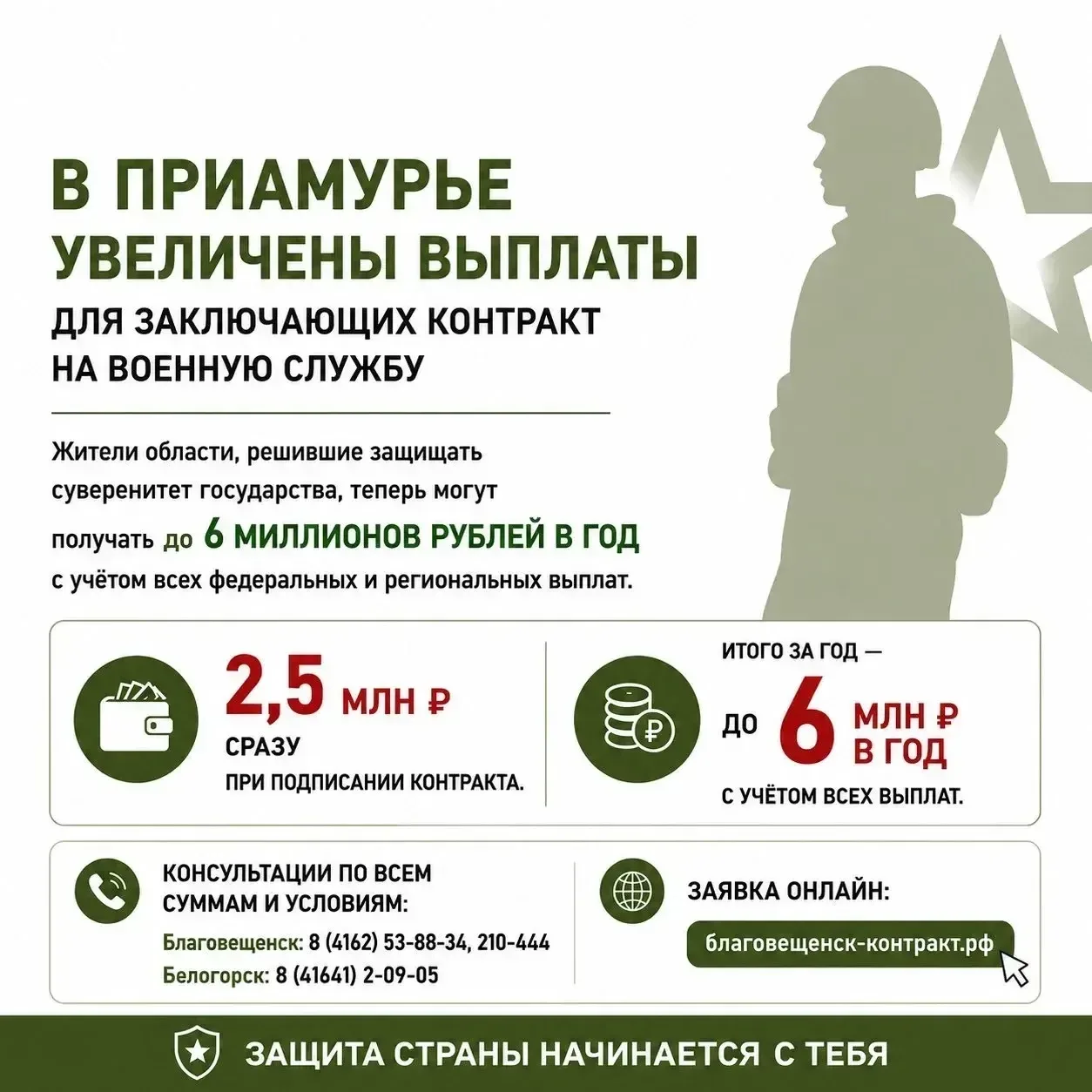 В Приамурье увеличены выплаты для заключающих контракт на военную службу