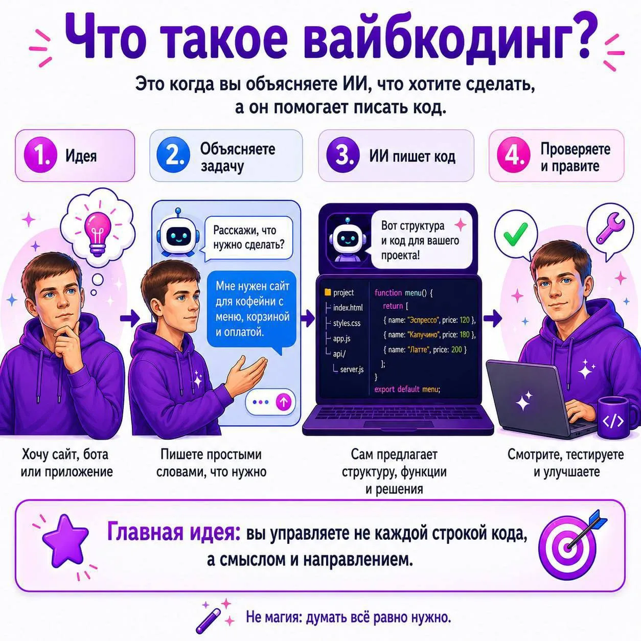 «Хочу сайт, приложение или AI-помощника... Но я вообще не умею программировать»
 
Наверное, это сама