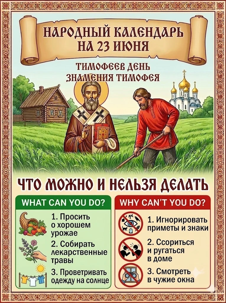 🌿🌾 Народный календарь на 23 июня: Знамения Тимофея (Тимофеев день) 🌾🌿

23 июня в народном календ