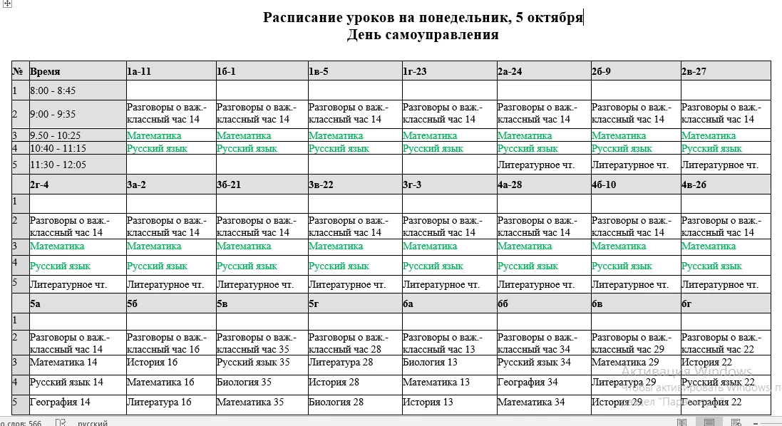 Расписание уроков на понедельник, 5 октября, с изменениями основного расписания, в связ...