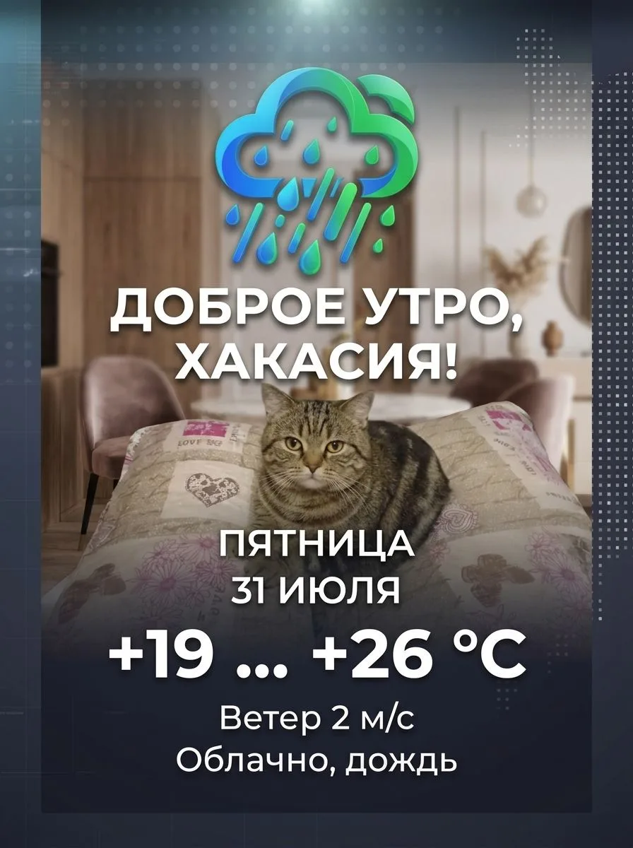 Доброе утро, Хакасия! 

В пятницу 31 июля по прогнозу температура воздуха достигнет значений +19 — +