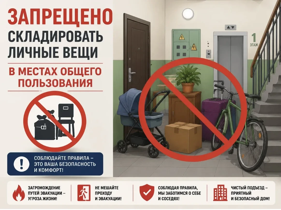Уважаемые жители!

Обращаем ваше внимание, что складирование личных вещей 🚳в местах общего пользова