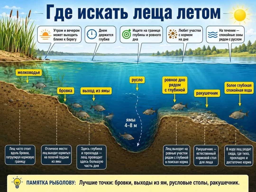 Где искать леща летом 👆