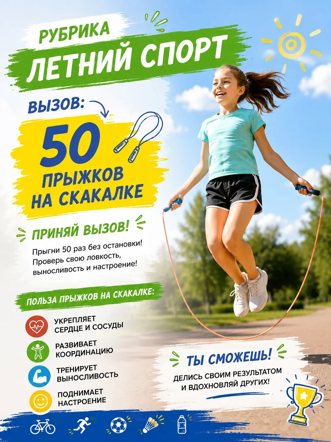 💪РУБРИКА "ЛЕТНИЙ СПОРТ"🏃‍♀

☀️ Лето — идеальное время, чтобы зарядиться энергией и прокачать свою 