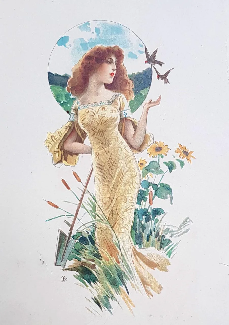 Изысканная антикварная хромолитография в стиле Art-Nouveau — аллегорическое изображение...