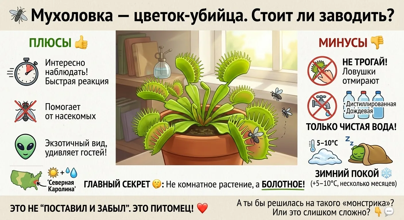 🦟 Мухоловка — цветок-убийца. Стоит ли заводить?