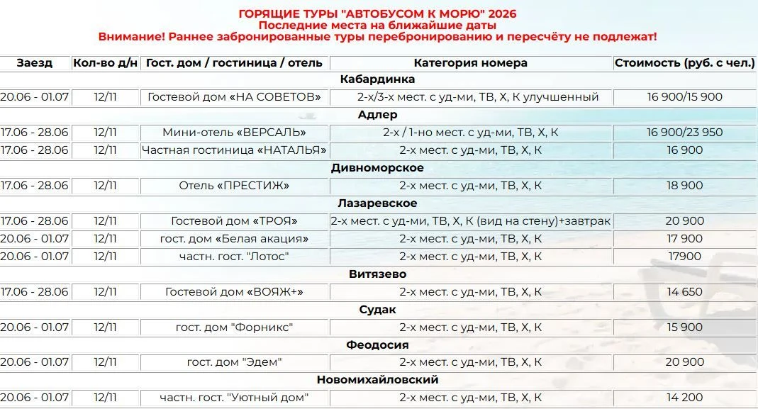 ГОРЯЩИЕ ПРЕДЛОЖЕНИЯ! АВТОБУСНЫЙ ТУР НА МОРЕ 12 ДНЕЙ. К данной стоимости необходимо добавить 2250 руб