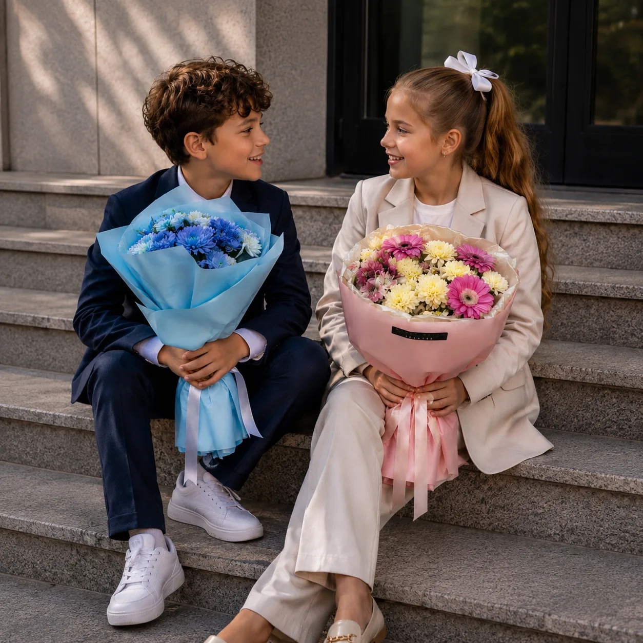 Школьные ступеньки, утреннее солнце и букеты в руках 💐