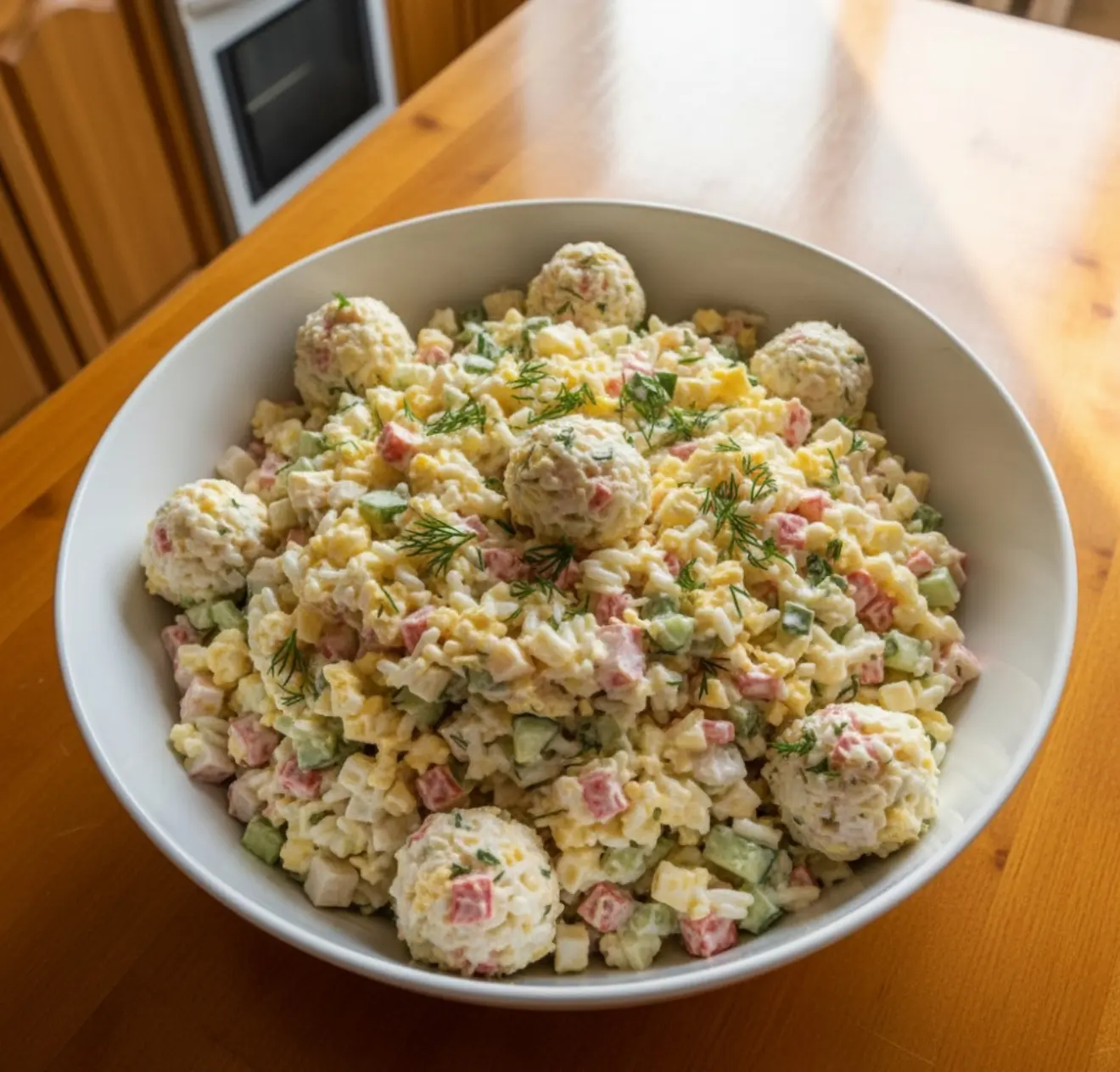 «Крабовый сюрприз» 🦀🥚  Сытный салат с крабовыми палочками, рисом, яйцами, плавленым сыром и огурчико