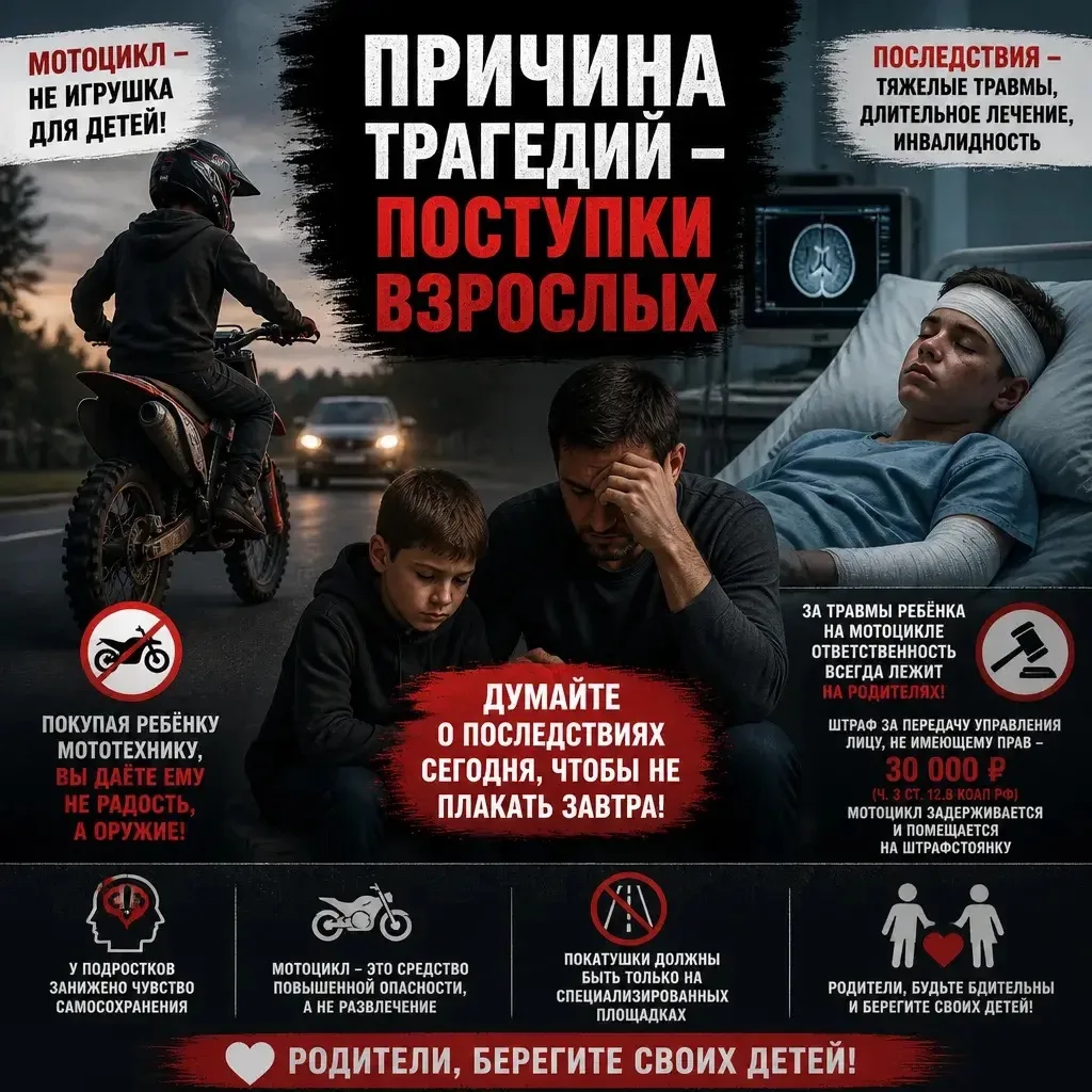 Причина трагедий-поступки взрослых!

Родители, будьте бдительны! 
Покупая ребёнку мототехнику, вы да