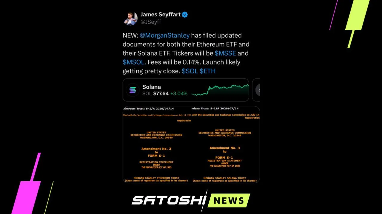 #ETH #SOL
Morgan Stanley подал в SEC обновленные заявки на запуск Ethereum ETF и Solana ETF

Запуск 