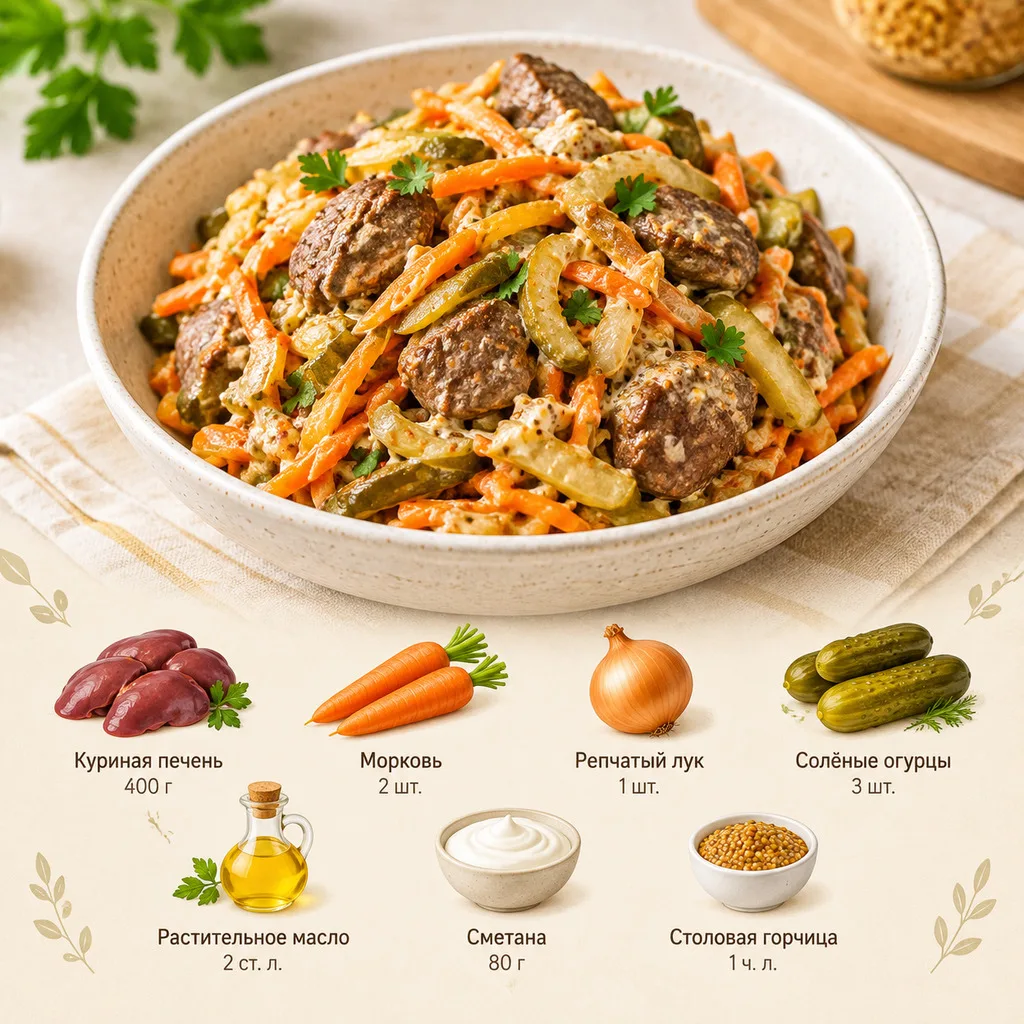 Салат с куриной печенью, морковью и огурцами 🤤