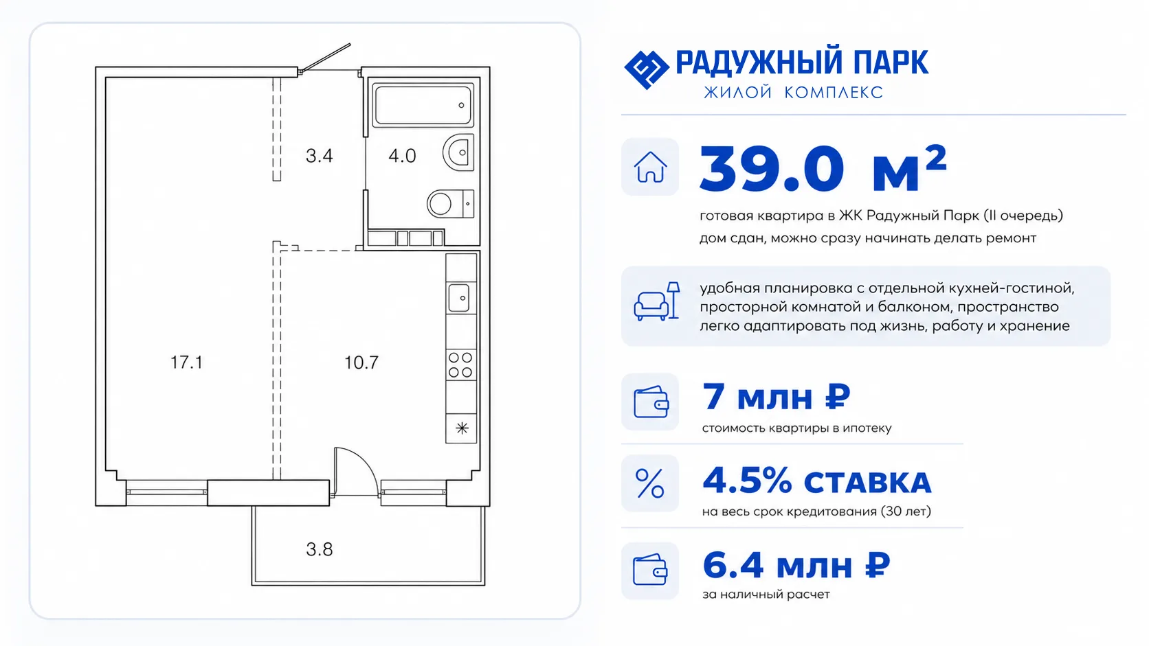 Готовая квартира 39 м² в ЖК «Радужный Парк» ✨