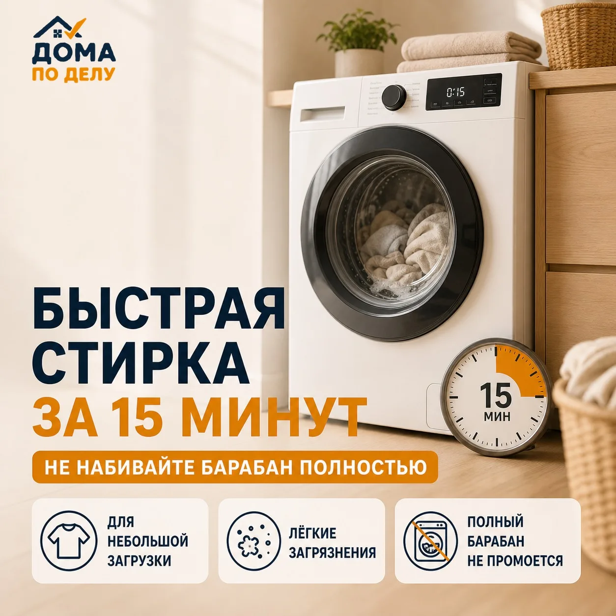 🧺 Быстрая стирка за 15 минут — почему не стоит набивать барабан