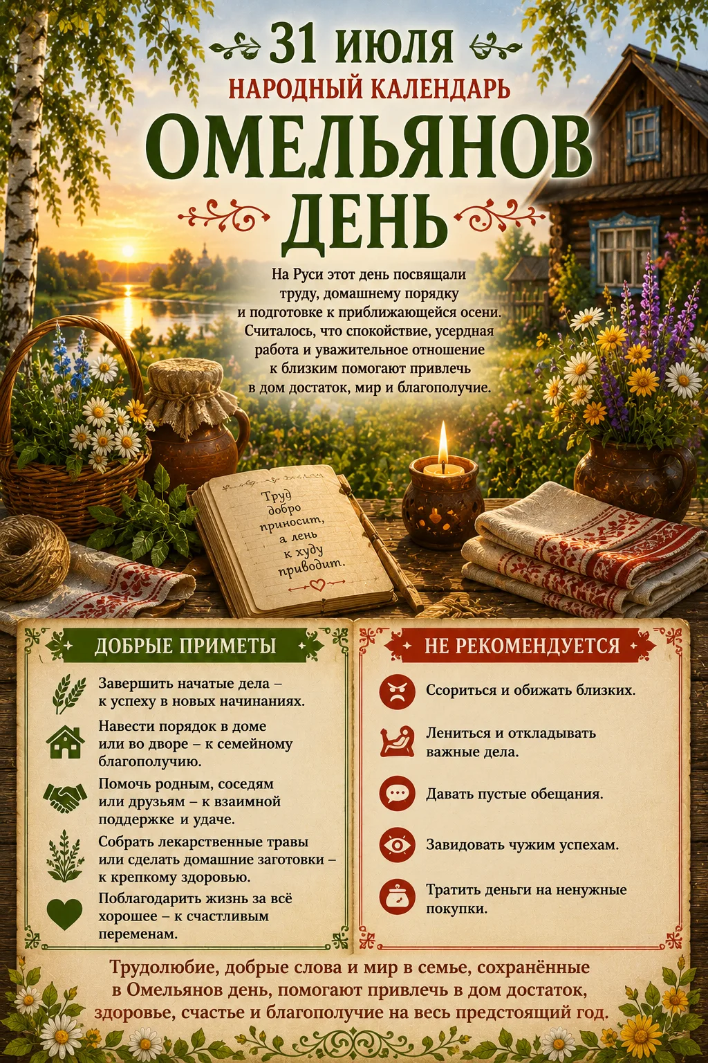🌿 Народные приметы на 31 июля — Омельянов день 🌿

31 июля в народном календаре отмечают Омельянов 