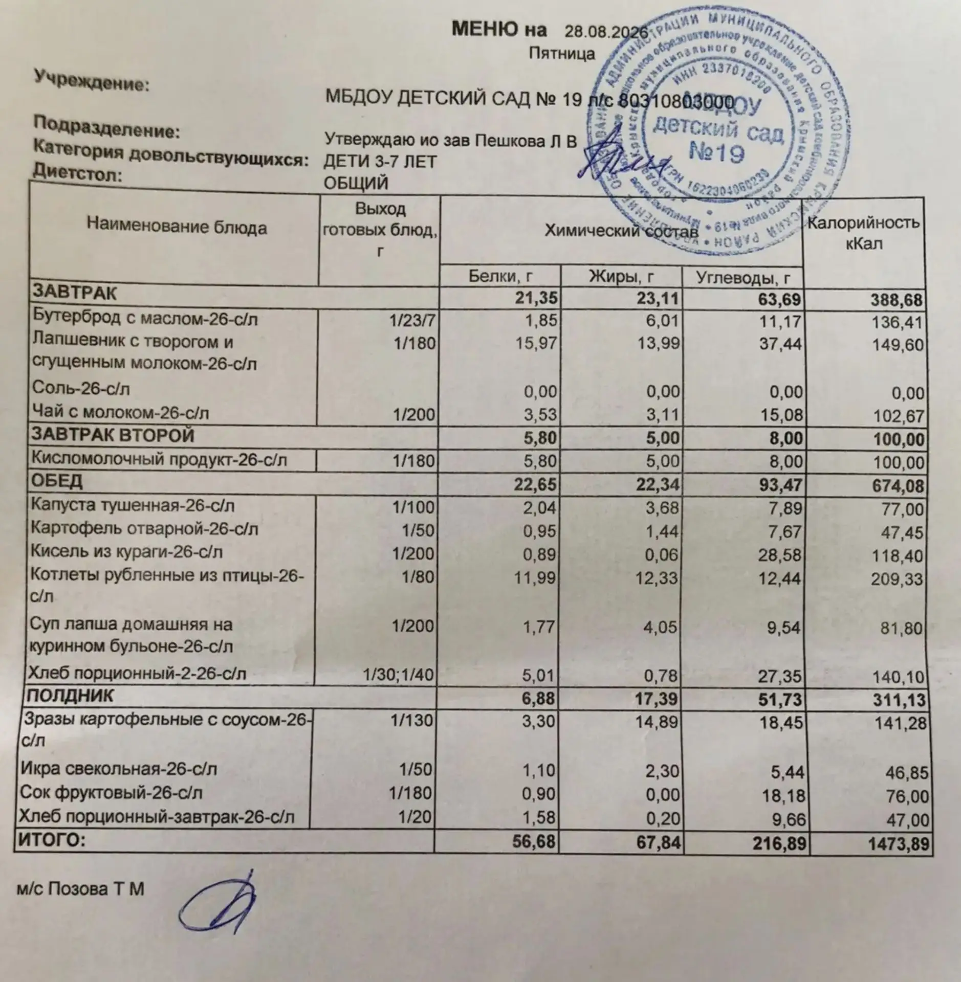 Меню на 28августа 2026г.🥬🍅