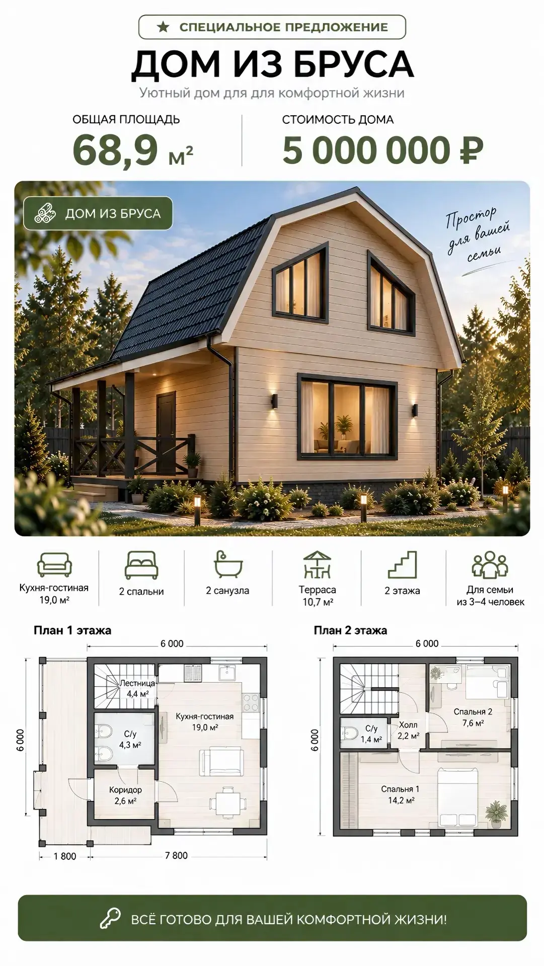 🏡 Дом из бруса 68,9 м² — готовое решение для комфортной жизни.