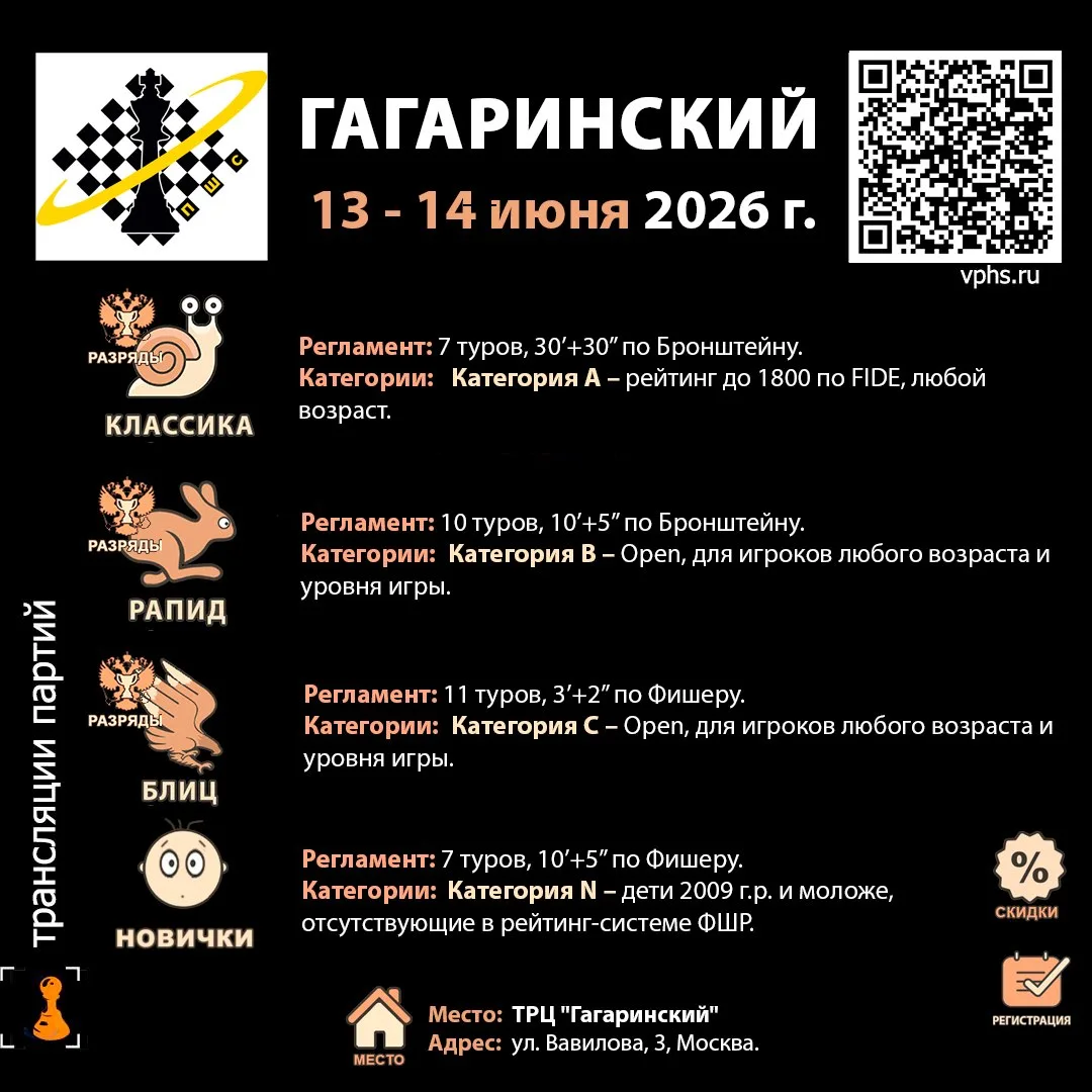 📣 13 - 14 июня ПШС приглашает Вас на разрядный шахматный турнир Гагаринский!📣 

📍Место проведения