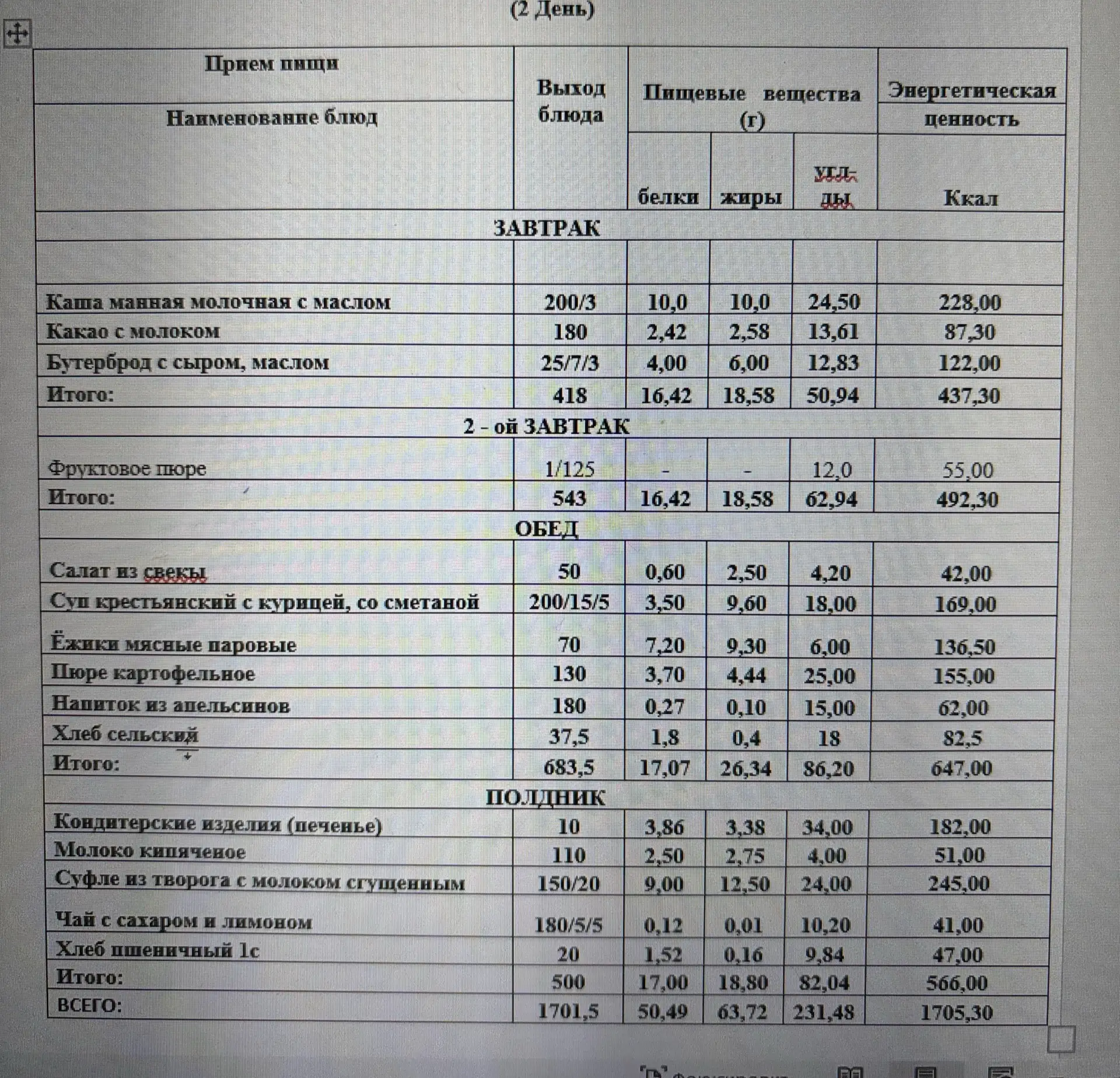 Меню на 6.10