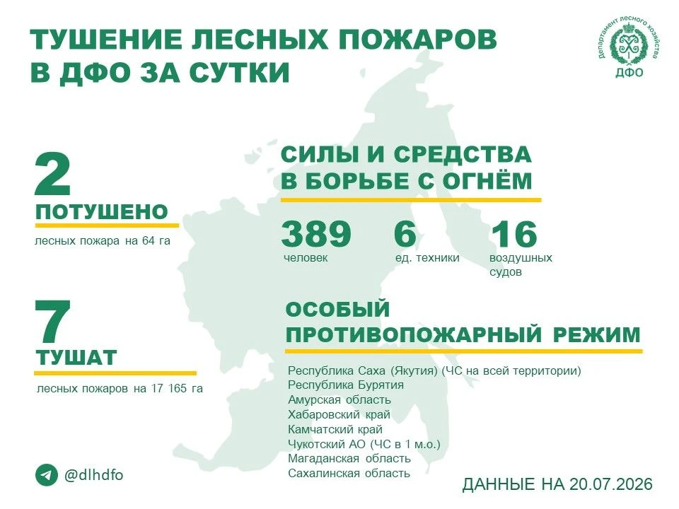 👩‍🚒За прошедшие сутки в регионах ДФО потушили 2 лесных пожара, продолжается тушение 7...